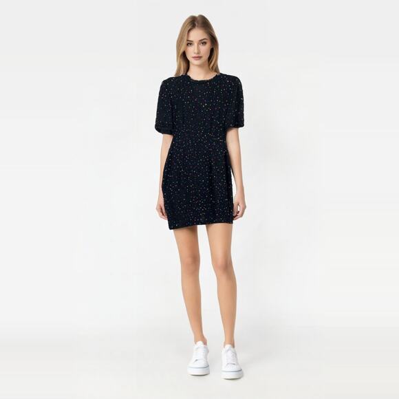 2/$30 STENAY Silk Beaded Dress Size 6 Modern S Colorful Rainbow Sequins Black - Picture 1 of 12